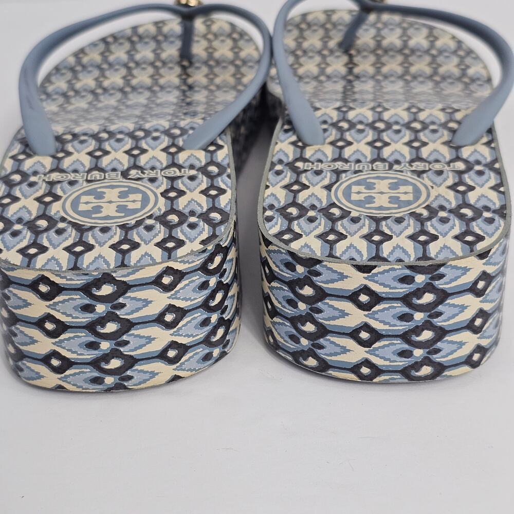 Tory Burch Blue Wedge Geometric Print Thong Flip Flop Sandals Size Unmarked 25cm - Picture 8 of 12